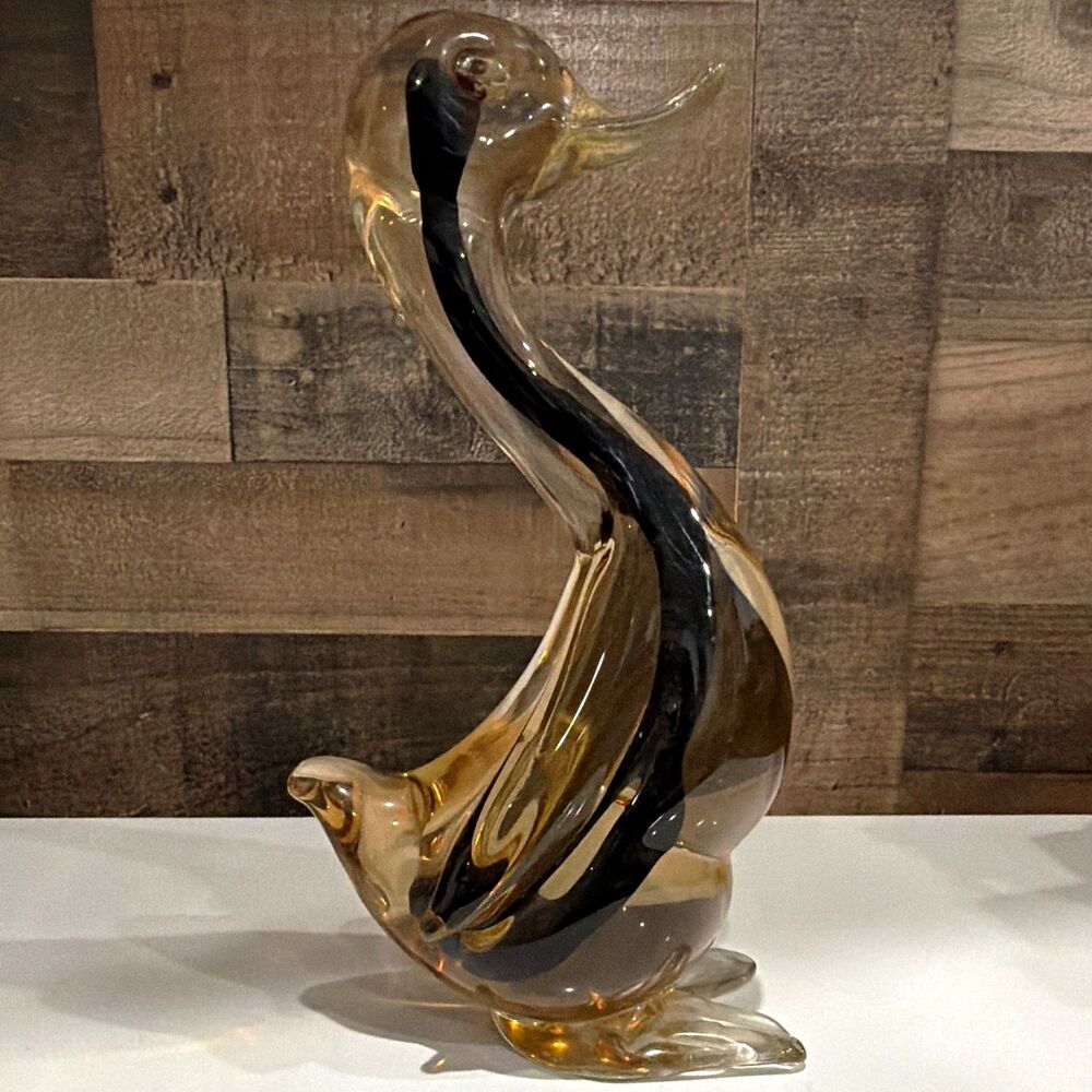Handmade Venetian Art Glass Swan Figurine, Amber/Black/Clear, Venice
